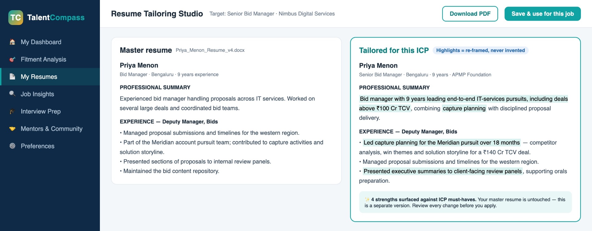 Resume tailoring studio with master and tailored versions side by side.