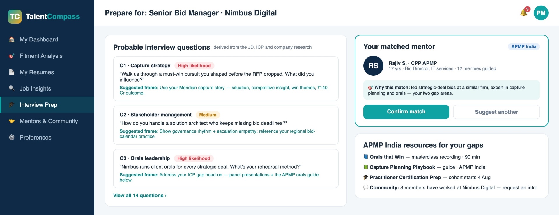 Interview preparation view with mentor match and APMP India resources.